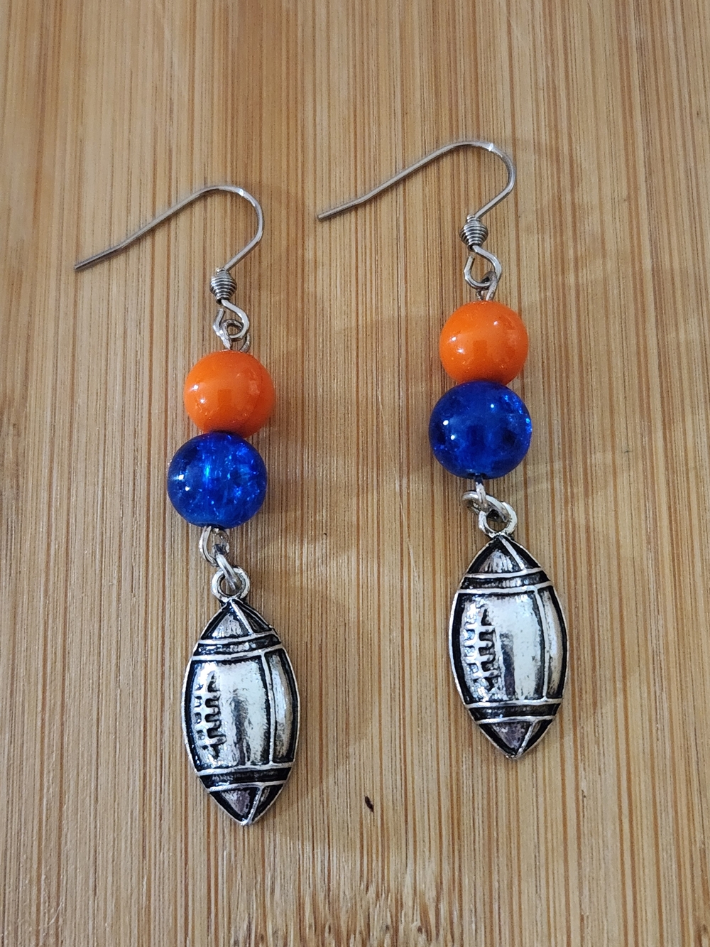 Hand Crafted Orange and Blue Beaded Football Charm Earrings